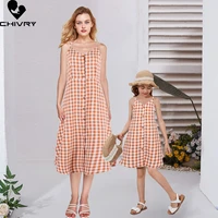 new 2022 mother daughter summer dresses sleeveless plaid button beach dress mom mommy and me dress family matching outfits