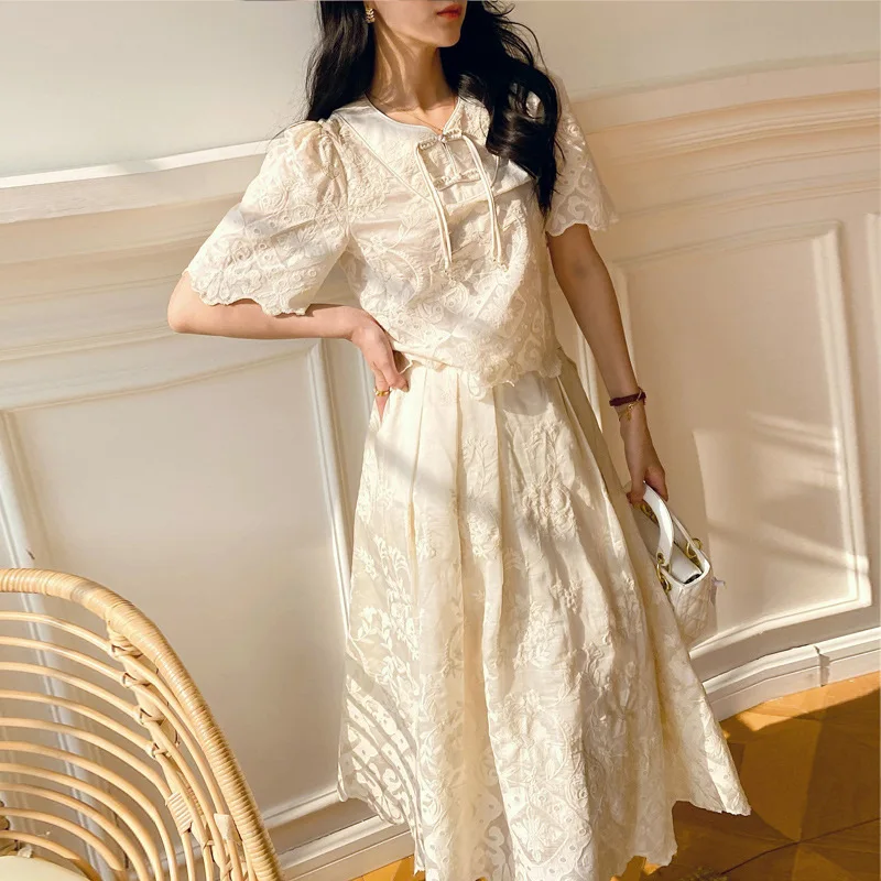 

Gypsy Three-dimensional Decoration Two-piece Set 2023 Summer Women Vintage Lace-up Embroidery Elegant Blouse Top with Long Skirt