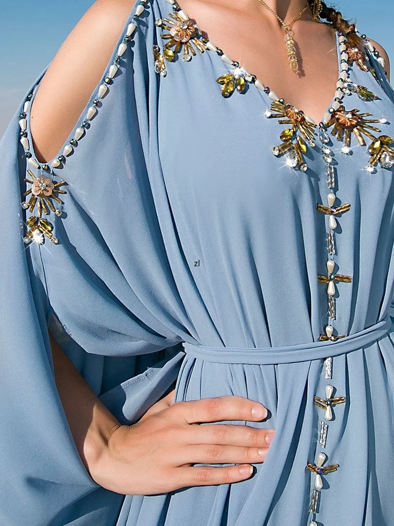 Beading Party Abaya Arabic Evening Dresses Women Lined Chiffon Flowy Kaftan Muslim Wedding Dubai Saudi Gulf Gown Abayas 2022