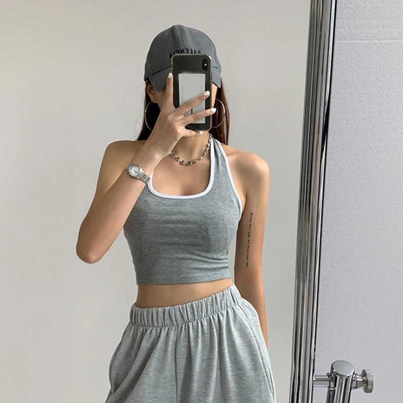 

Women Sports Vest Fashionable Halter Neck Crop Tops Yoga Sleeveless T-shirt Sexy Vest Female Tank Tops Basic Solid Vest