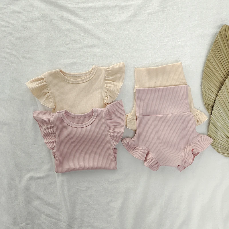 2PCS Baby Girl Clothes Summer Infant Rib Cotton Ruffle Flying Sleeves Romper High Waist Shorts Set Girls Clothing Conjuntos - купить по