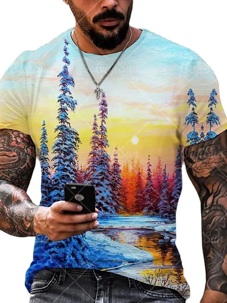 

Summer Outdoor Natural Scenery 3D Print Men's T Shirt Casual Polyester Round-Neck Short Sleeve Unisex Clothing Loose Tops Tees