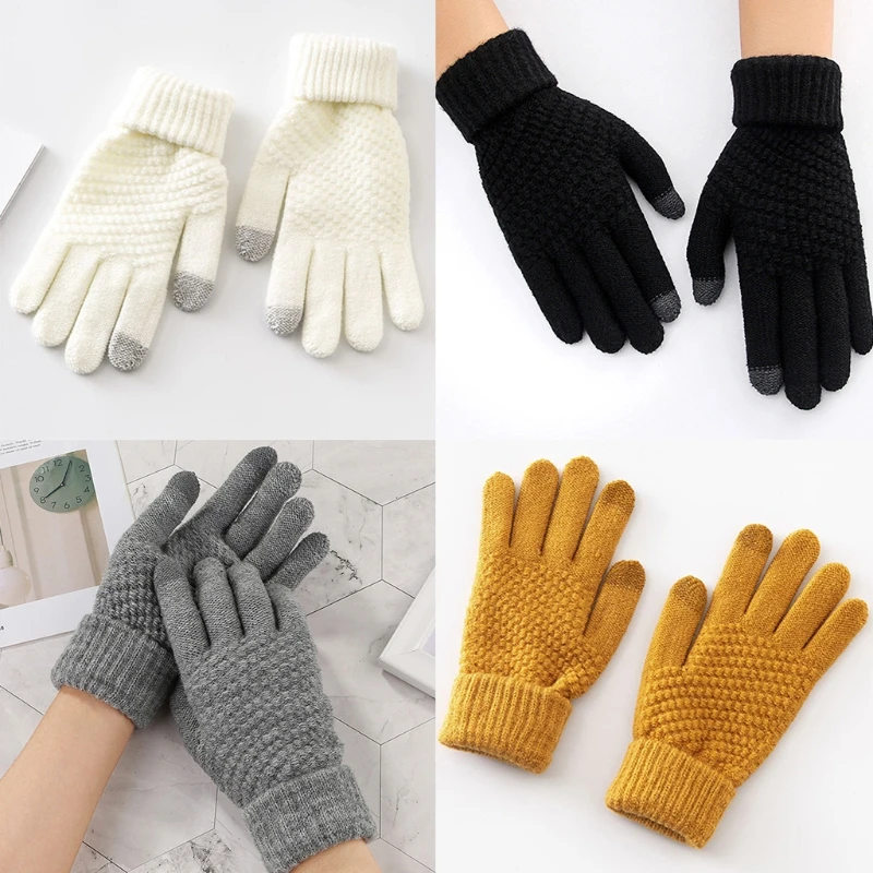 

Winter Warm Knit Full Finger Gloves Men Women Solid Woolen Touch Screen Mittens L21E