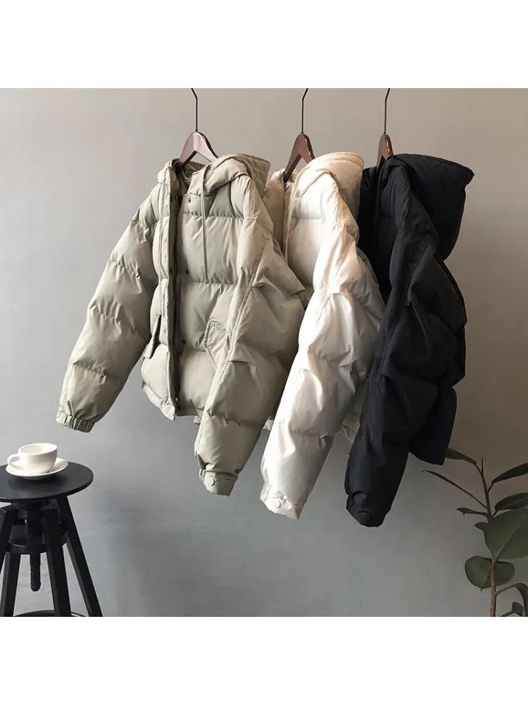 Black Short Thick Cotton-Padded Hooded Parkas Jacket Women 2022 Winter Korean Version Loose Warm Bread Clothing Coats