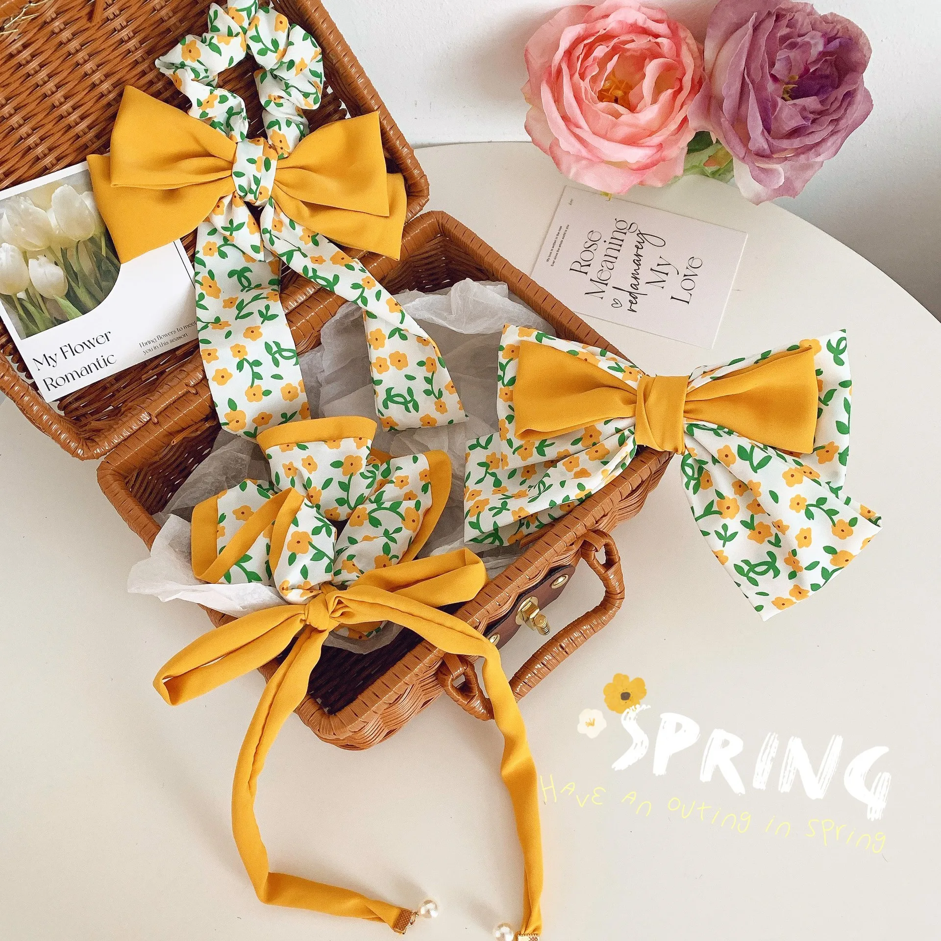 

Korean Fashion Spring Yellow Floral Large Bow Hair Clip Elastic Hair Scrunchies Temperament Tie Ponytail Headdress