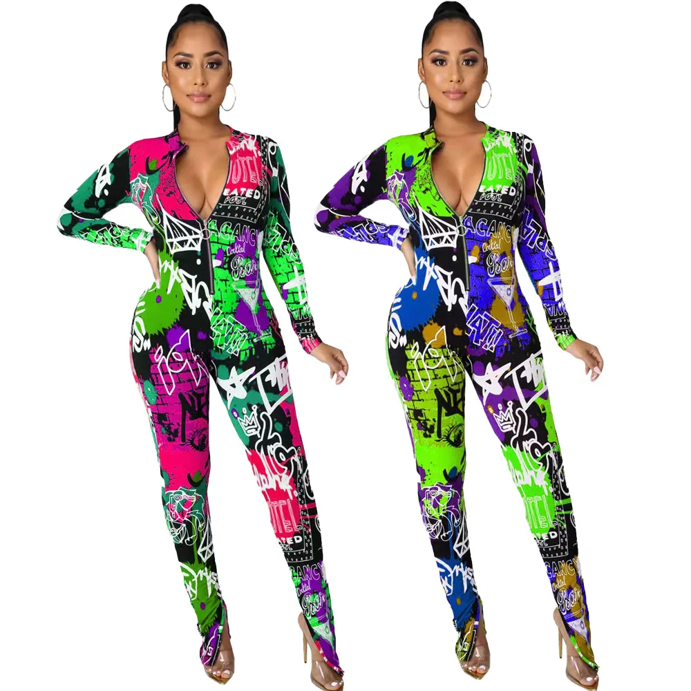 

HM6359 Women's Jumpsuit Spring Autumn New Sexy Streetwear Fashion Print Zipper Slim Jumpsuit Women's Nightclub