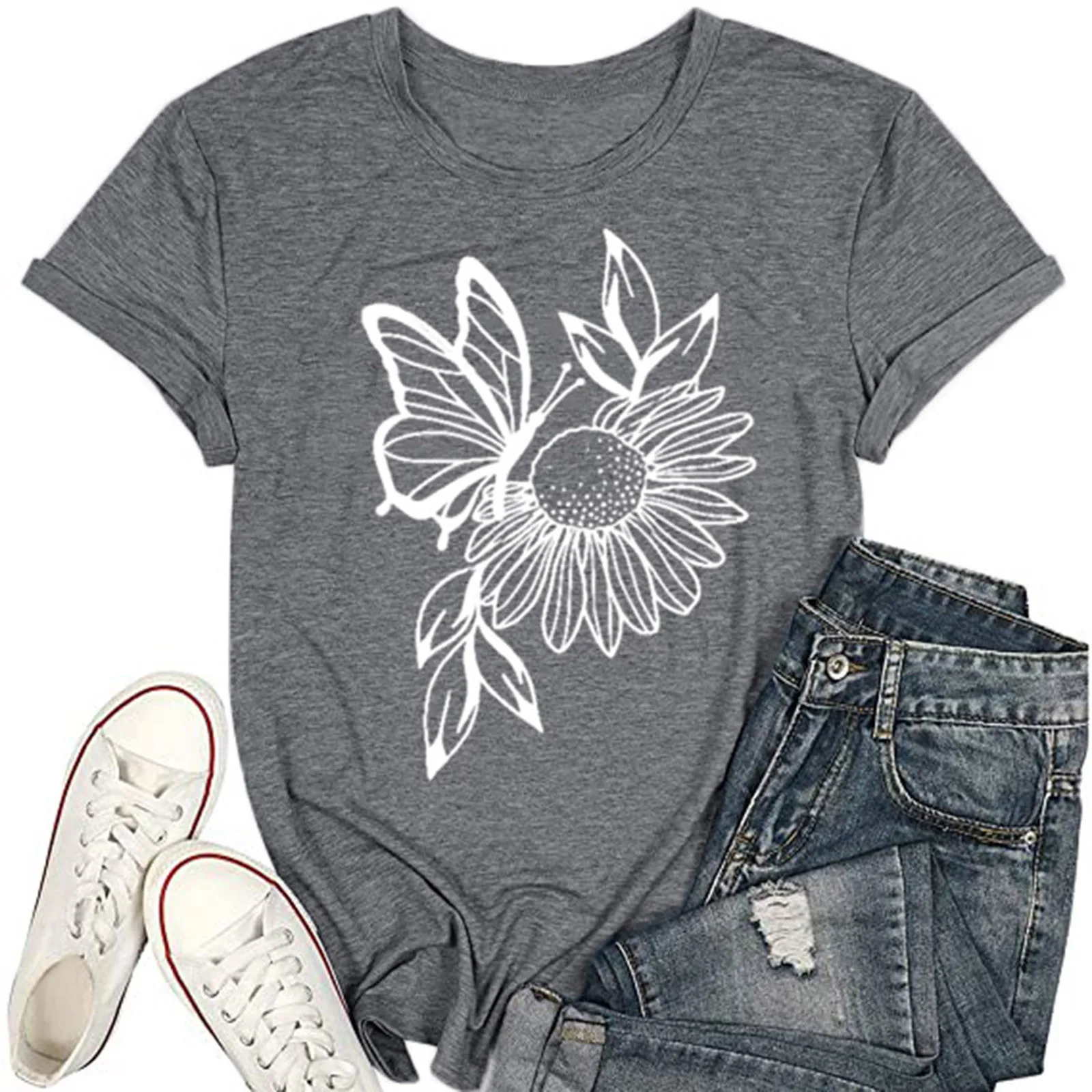 

Повседневная женская футболка, женская футболка с круглым вырезом и цветочным принтом, повседневные блузки свободного кроя, топы, женские л...