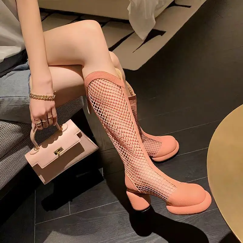 

Women Boots 2022 Summer Fashion New Boots Women's Hollow Mesh Thin High-top Net Boots High-heeled Back Zipper Cool Boots Black