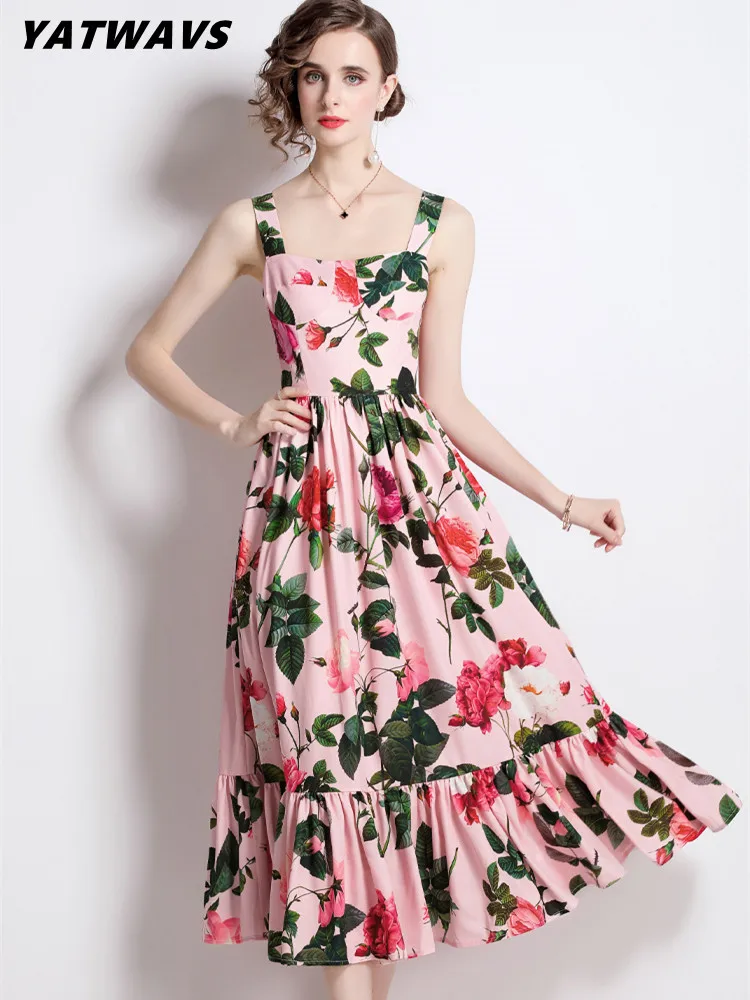 

YATWAVS Runway Women Vacation Midi Dress New Summer Sexy Ladies Spaghetti Strap Flower Print Backless Elegant Boho Beach Dresses
