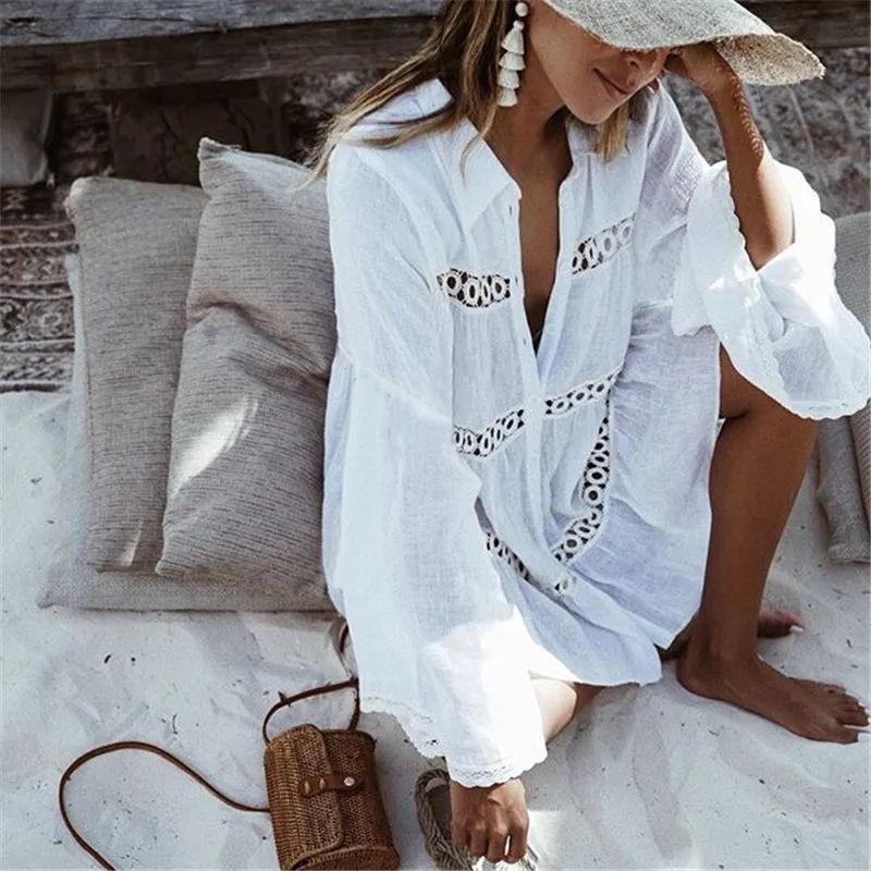 

White Beach Dress Cover Ups for Swimwear Women Long Flare Sleeve Beach Shirt Lace Cardigan Beachwear 2022 Swimdress Cover Up