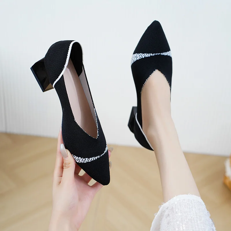 

2023 New Women's Shoes Knitted Breathable Square Toe Heel Fashionable Beautiful Princess Anti Slip Rubber Sole General Comfortab