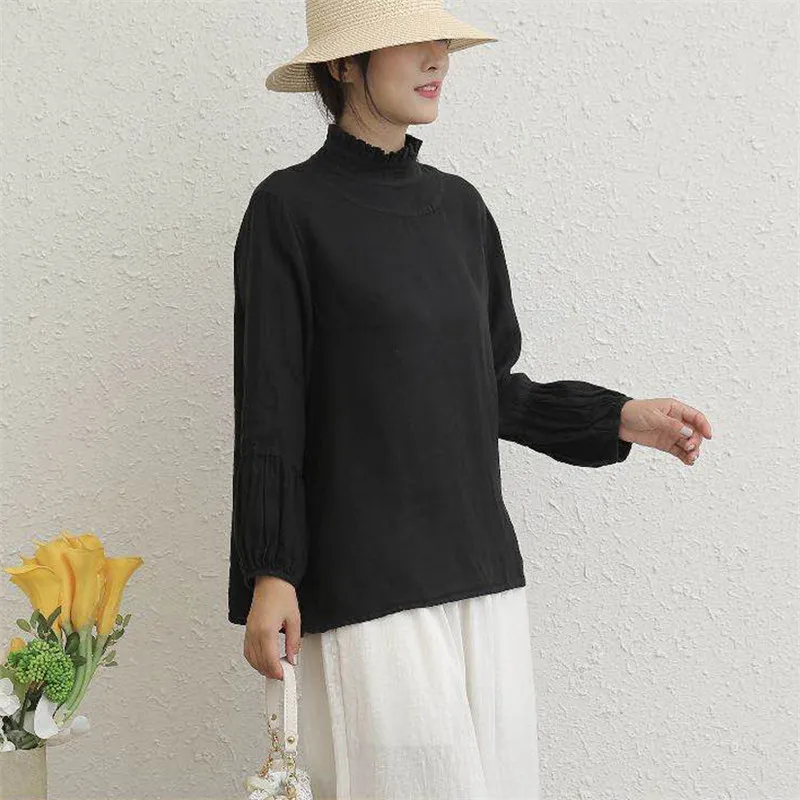 Johnature новые осенние льняные женские топы и блузки 2024 винтажные однотонные