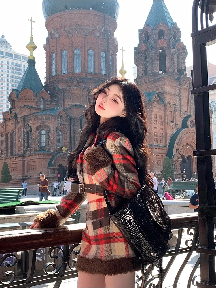 Женский блейзер и мини-юбка ReddaChic из овчины комплект 2 предметов клетчатая