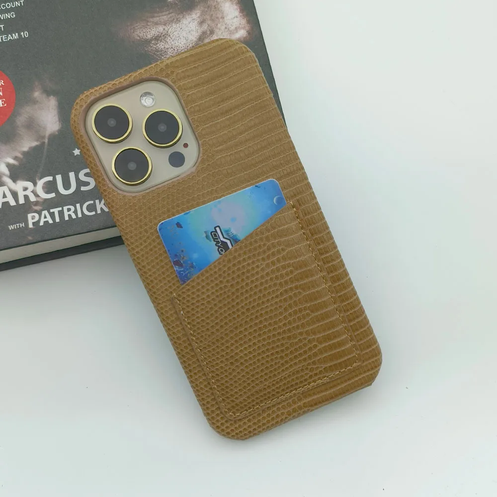 

Fashion Simple High-grade Brown Lizard Card Purse Hard PC Protective Phone Case for iPhone XS Max XS X 14 13 12 11 Pro Max 7 8
