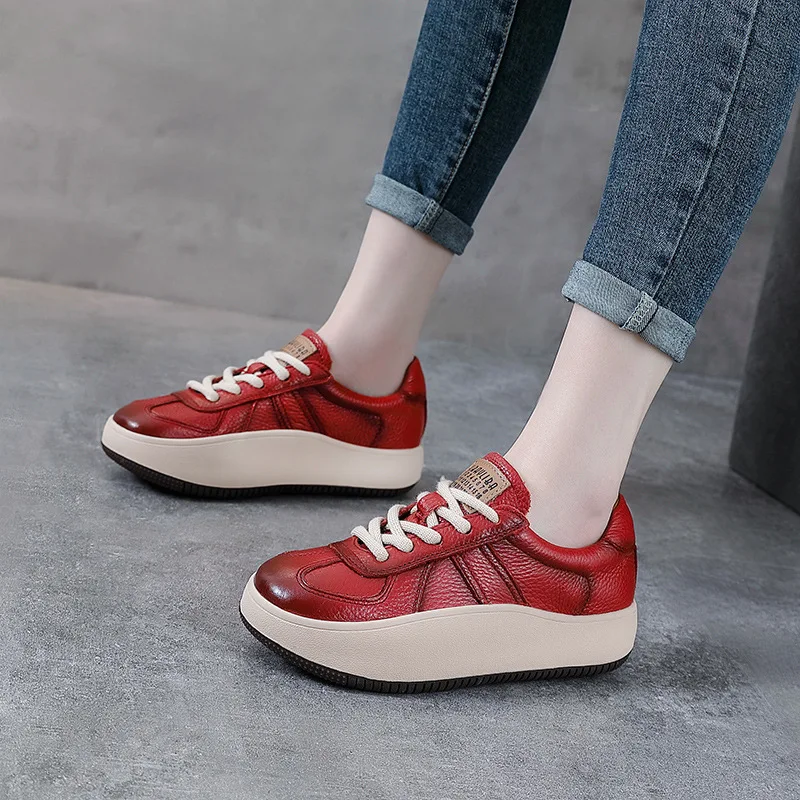 Autuspin Retro Cow Leather Sports Shoes Women Spring/Autumn Chunky Low Heels Round Toe Working Office Ladies Leisure Shoes 35-40
