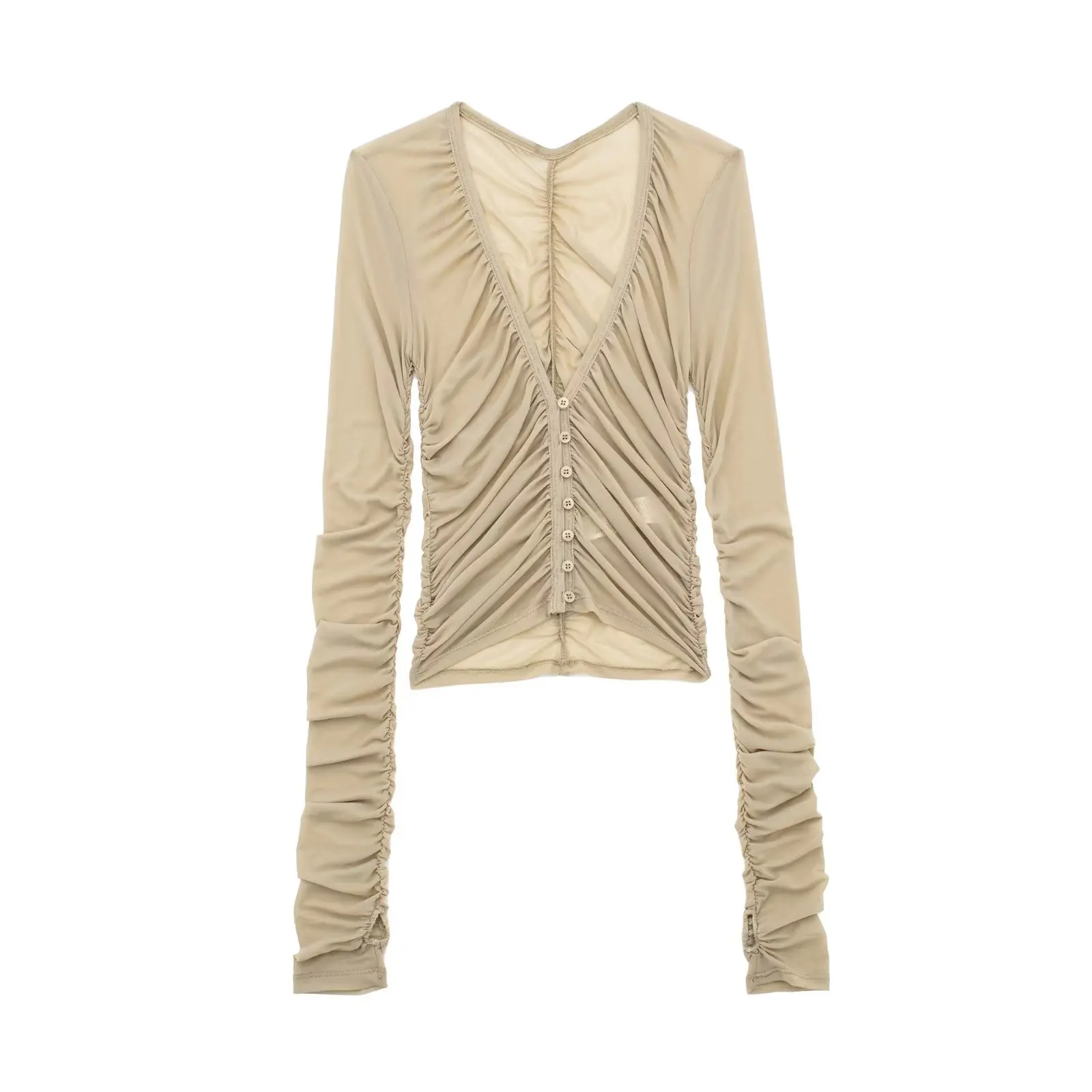 

Women 2023 spring New Fashion tulle wrinkle Blouses Vintage v-neck Paikou Female Shirts Chic Tops