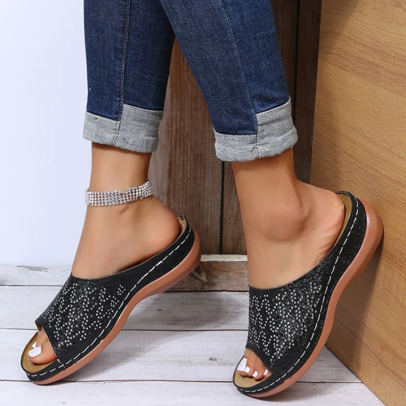Ladies Slippers Rhinestone Platform Women Sandals Fashion Hollow Wedge Shoes for Women Summer Open Toe Big Size Beach Footwear