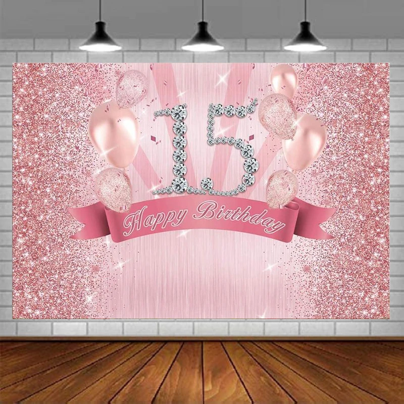 

Photography Backdrop Glitter Sweet Happy Fifteen 15th Birthday Diamonds Party Background Cake Table Girls Princess Pink Props