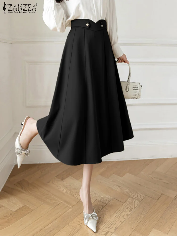 

ZANZEA 2023 Summer Solid Color A-line Jupes Elegant Notched High Waist Swing Skirts Women Korean Fashion OL Seamed Midi Skirt