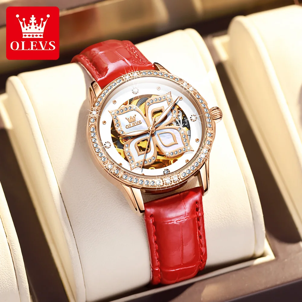 OLEVS Luxury Top Brand Automatic Mechanical Watches For Woman Waterproof Luminous Wristwatch Fashion Leather Strap Diamond Watch enlarge