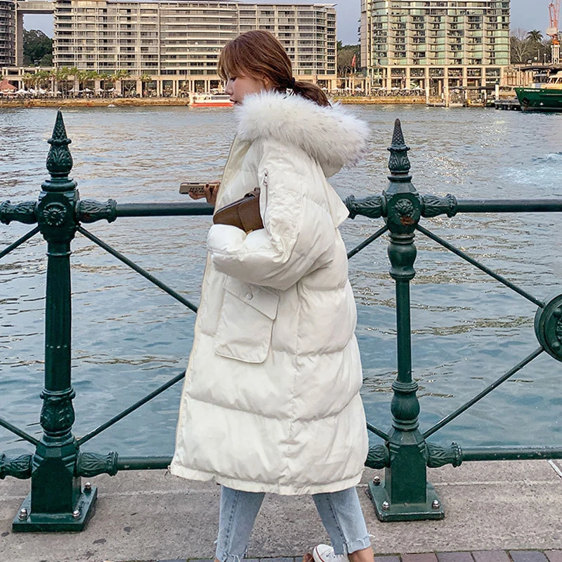 Long Parkas Women Fur Collar Korean Fashion Thicken Warm Jacket Women 2022 Winter Oversized Black White Outwear Female Y944
