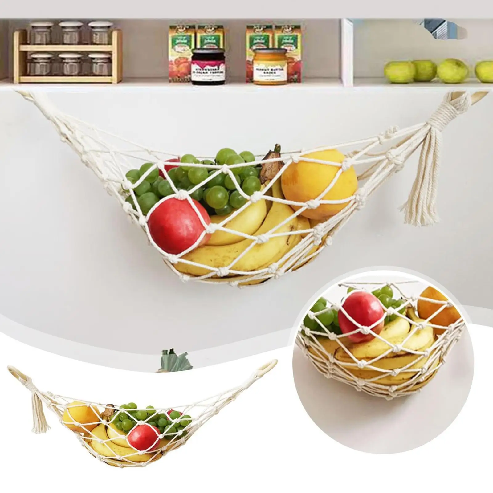 

Under Cabinet Fruit Hammock Vegetable Fruit Storage Net Boho Woven Hanging Basket Household Kitchen Storage Basket Organizer