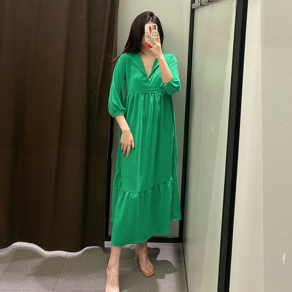 

PB&ZA Elegant Dresses for Women Lantern Sleeve Loose V-Neck Long Dress Solid Color Fashion Holiday Oversize Vestidos 2298159