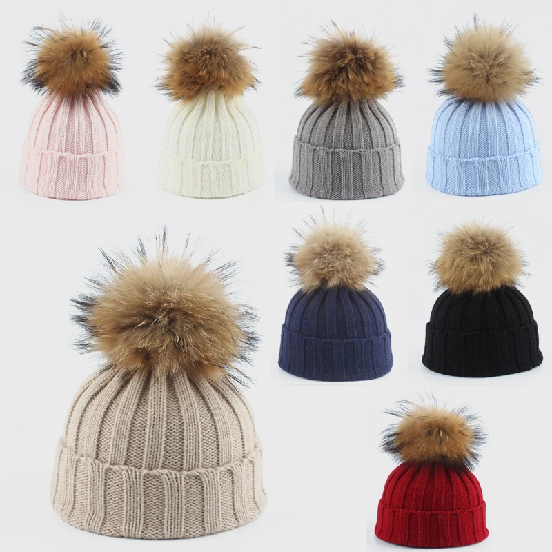 Baby Hat Winter Knitted Hats For Kids Real Fur Pompom Beanie Solid Color Children Cap For Girls Boys