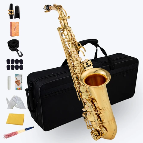 Высококачественный Eb альт-саксофон, латунный лакированный Золотой E-образный музыкальный деревообрабатывающий инструмент с искусственным мундштуком, аксессуары