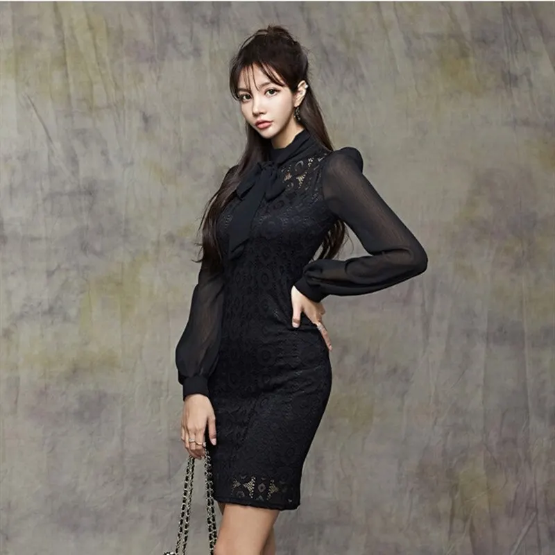 

Autumn New Casual Temperament Slim Fit Lace Stitching Professional Hip Dress