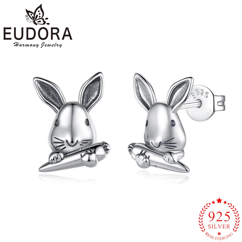 

Серьги Eudora из настоящего серебра 925 пробы с милым Кроликом, Женские Ювелирные изделия, гипоаллергенные серьги с морковкой, простой модный по...