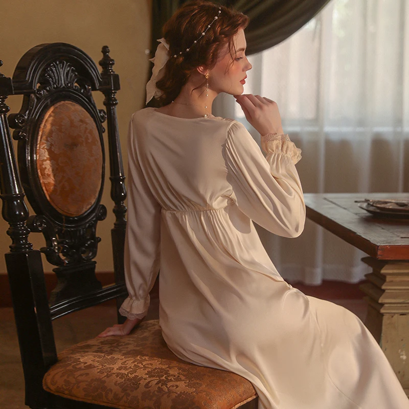 Lingerie Nightdress Solid Color Long Pajamas Comfortable Sweet Lace Long Sleeve Women Homewear Underwear Casual V-Neck Nightgown