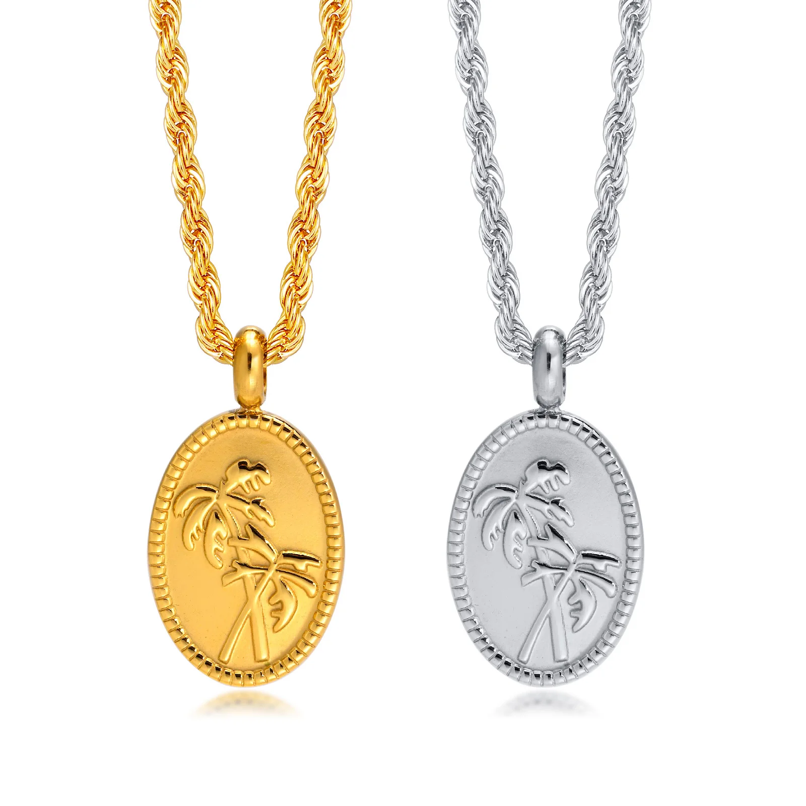 

New Fashion Summer Holiday Necklaces for Women,Coconut Tree Flower Stamp Pendant,Adjustable Stainless Steel Twisted Rope Chain