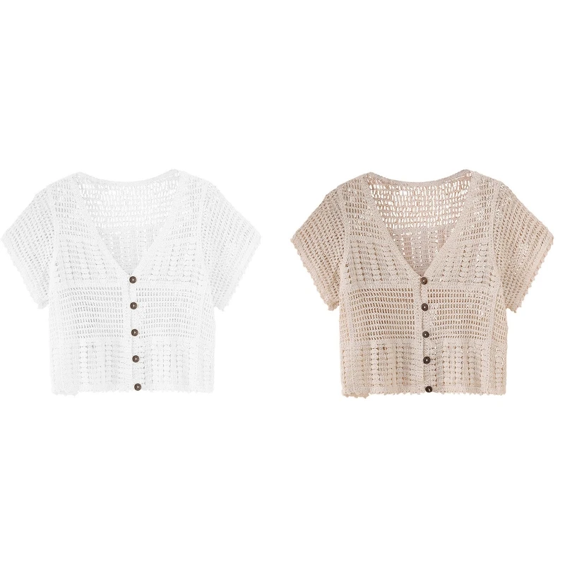 

Womens Floral Crochet Lace Boho Trim Short Sleeve Open Front Cardigan T-shirt