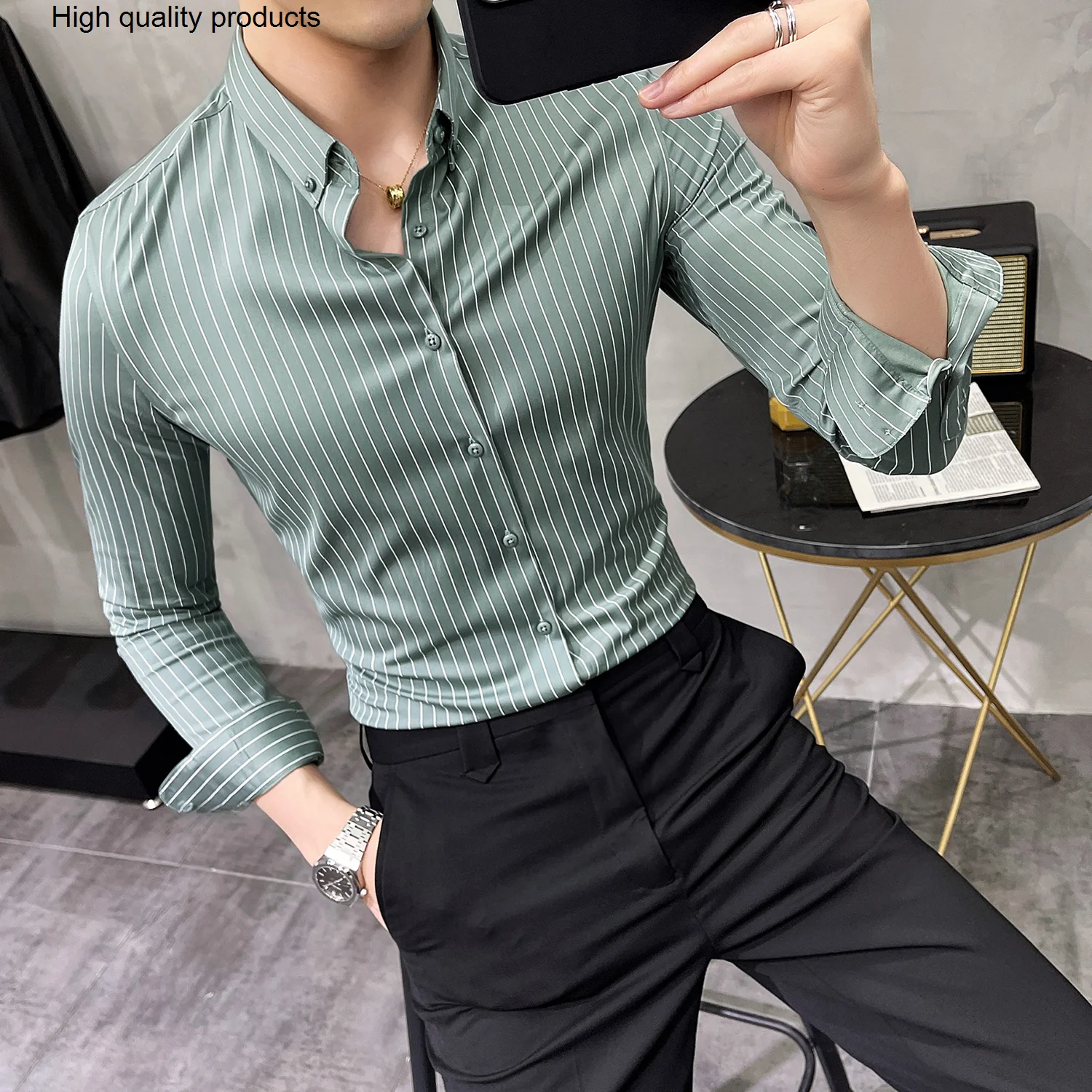 

British Style Striped Shirts Mens Long Sleeve Business Formal Dress Casual Slim Fit Streetwear Social Party Clothing