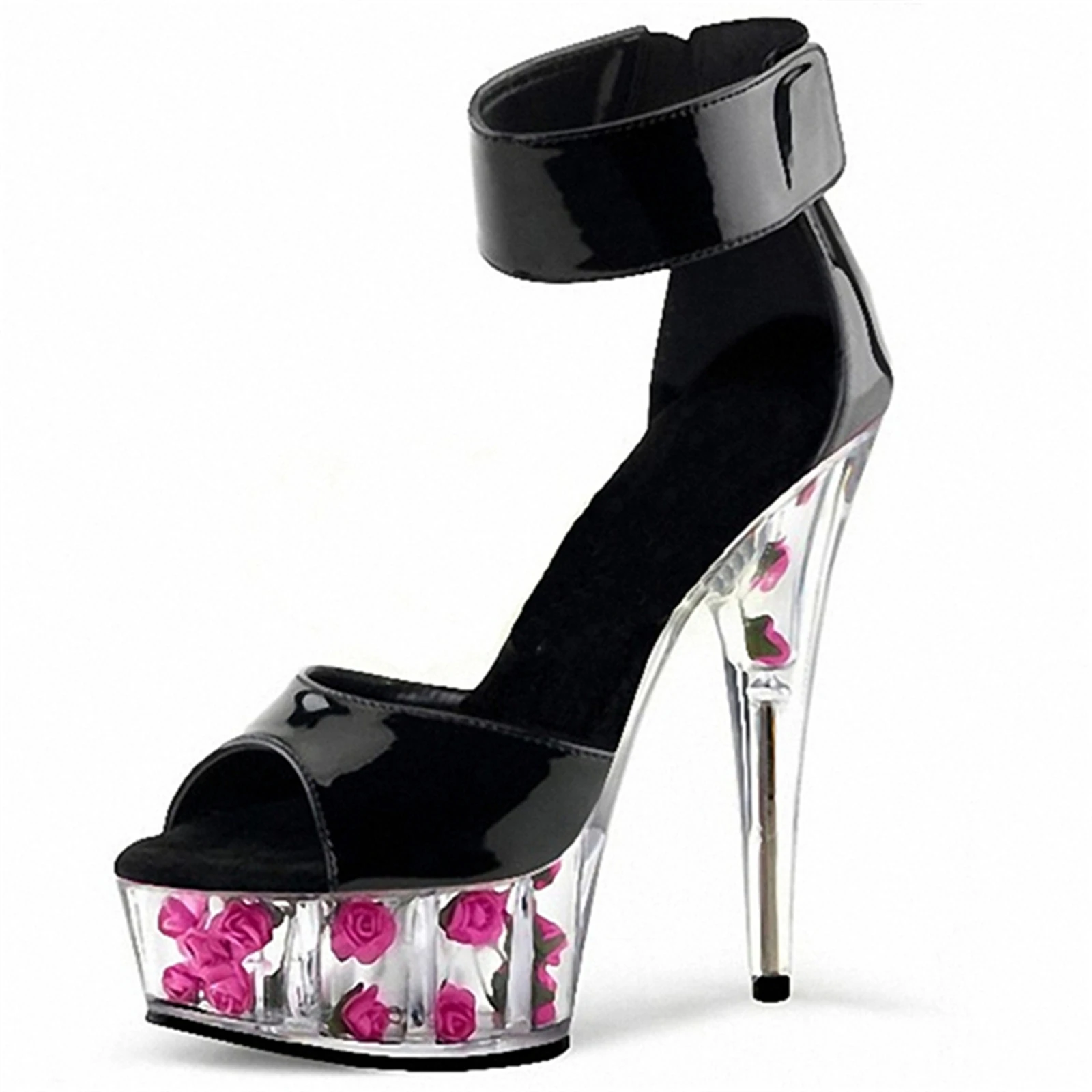 Фото Neo Gothic Heels 15 см — черные лакированные босоножки с прозрачным каблуком с цветочным принтом и широким ремешком на щиколотке, вечерние туфли №1
