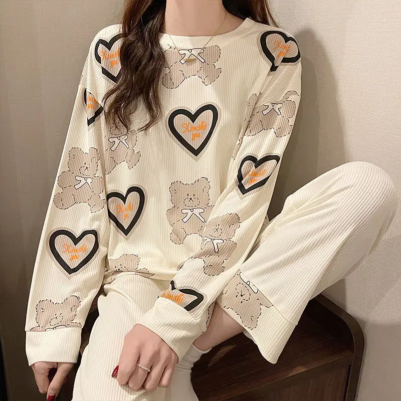 QWEEK Home Suit for Women Sleepwear Pajamas Kawaii Bear Heart-shaped Pyjamas Autumn Winter Pijamas Negligee Nightwear Roomware