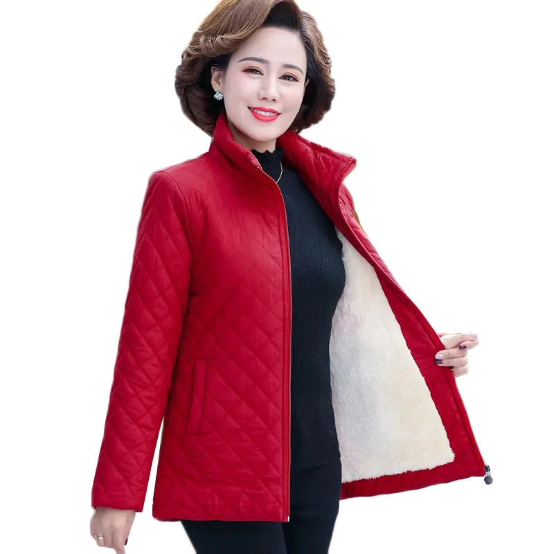 Autumn Winter Jacket Women 2023 New Solid Plus Velvet Cotton Padded Coat Thin Short Jacket Middle-aged Female Tops