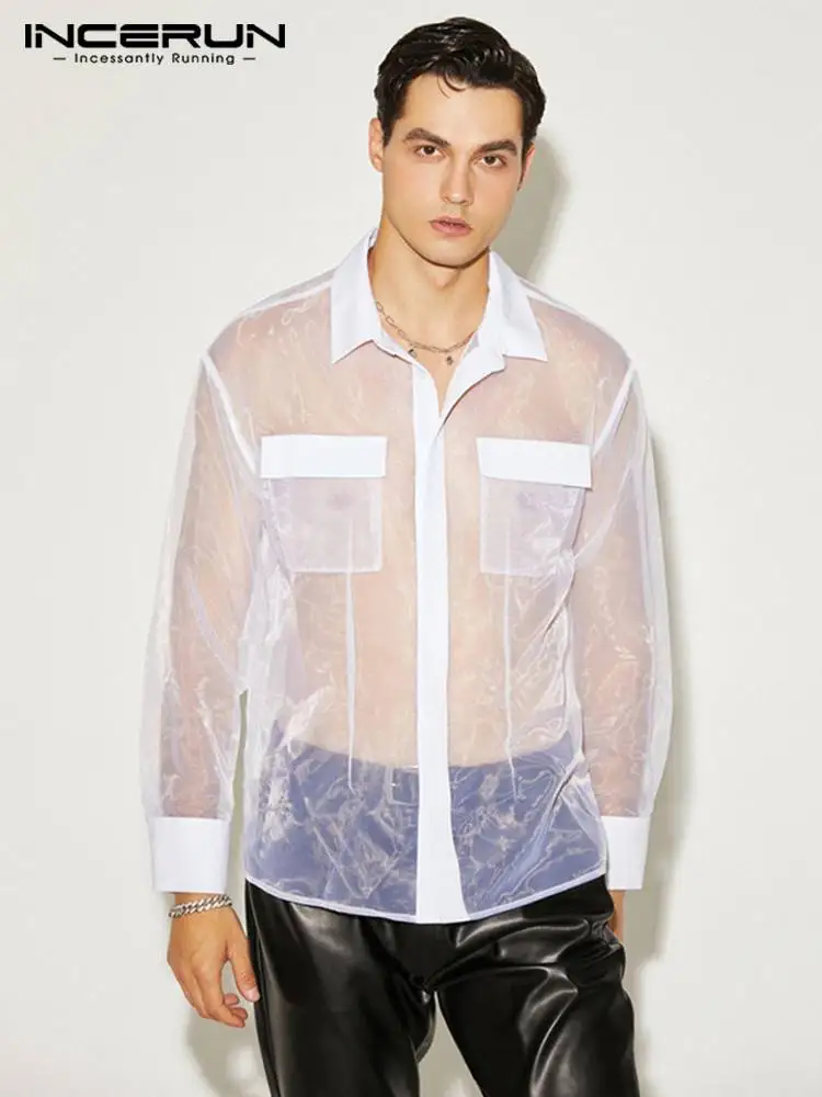 Fashion Casual Style New Men Organza Patch Pocket Blouse Casual Male See-through Long Sleeve Thin Shirts S-5XL INCERUN Tops 2022