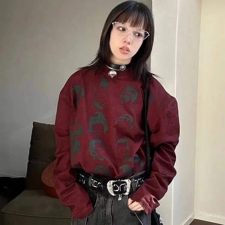 Футболка с принтом бордовая женская рубашка осенне-зимний дизайн американская