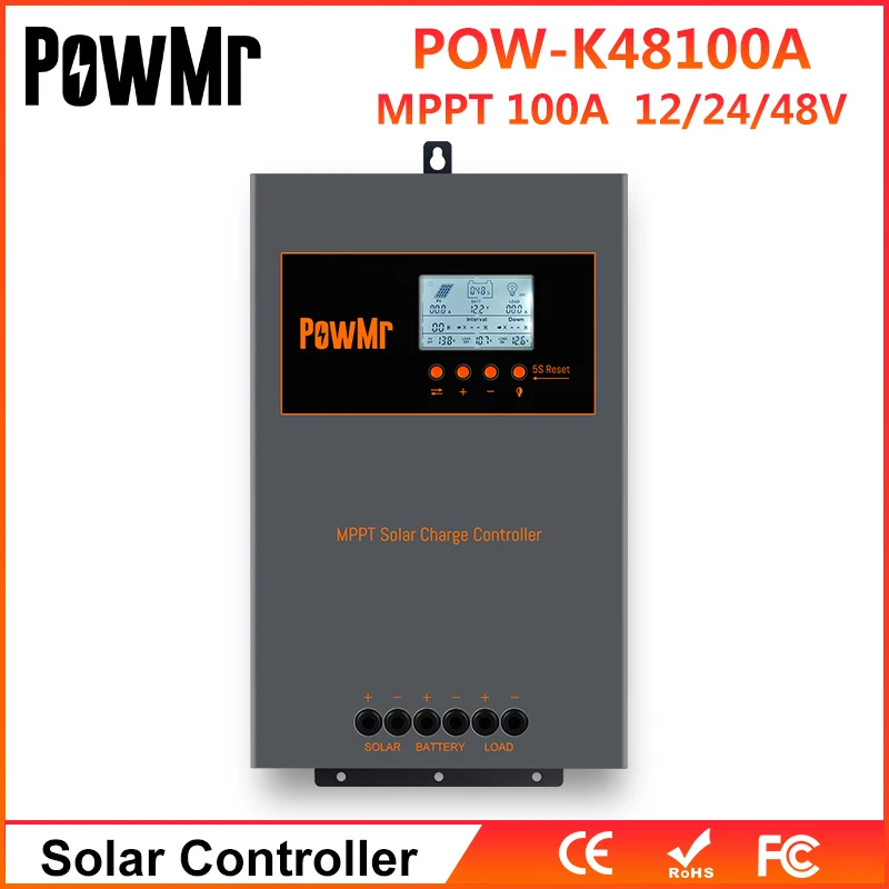 

Контроллер заряда солнечной батареи PowMr MPPT 100A, 12 в 24 в 48 В, автоматический регулятор заряда аккумулятора, с 0-слойным дисплеем, макс. солнечная...