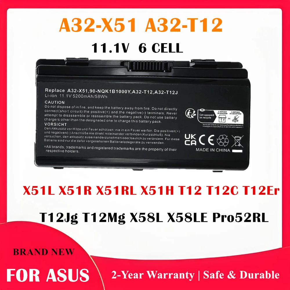 Фото Аккумулятор для ноутбука A31‑T12 A32‑T12 A32‑X51 для ASUS T12 T12C T12Er X51L X51R X51RL X58L X58LE Pro52RL 11.1В, перезаряжаемый, заменяемый. №1