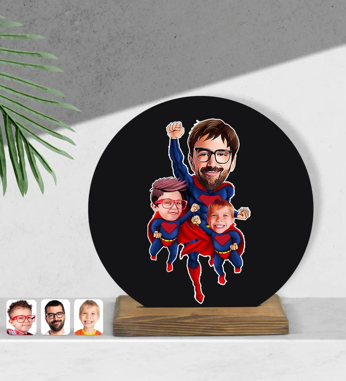 

Персонализированный super father and kids мультфильм 3-1 круглая деревянная фотография