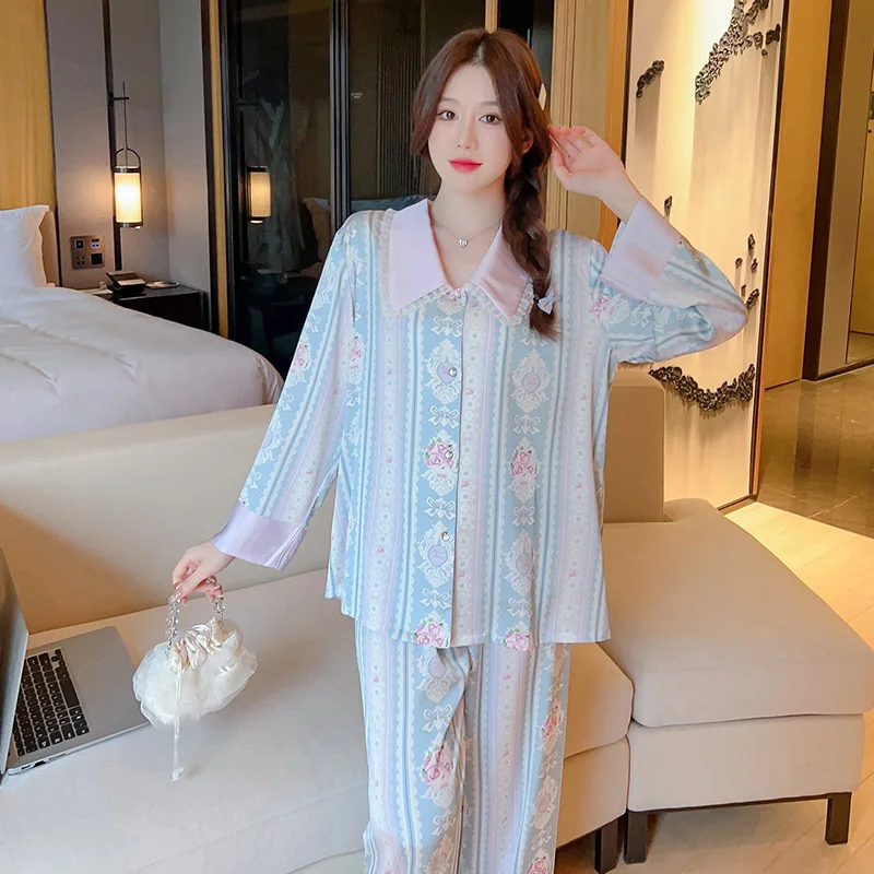 New Pajamas Women's Spring Thin Cardigan Set Ice and Snow Silk Vertical Stripe Printed Home Furnishing