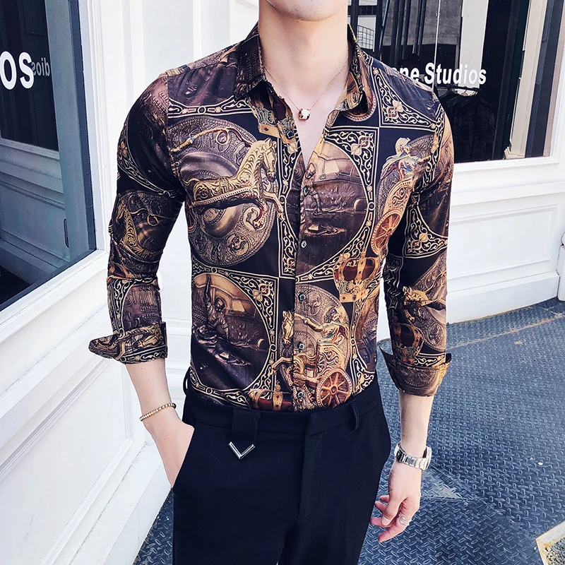 

Vintage Mens Fashion Shirt Luxury Royal Long Sleeve Slim Fit Printed Shirts Men American Baroque Lapel Social Chemise Homme 4XL