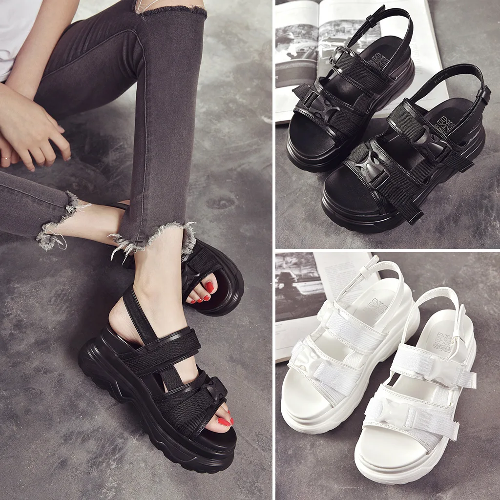 

8cm Platform Sandals Women Wedge High Heels Shoes Women Buckle Leather Canvas Summer Zapatos Mujer Wedges Woman Sandal