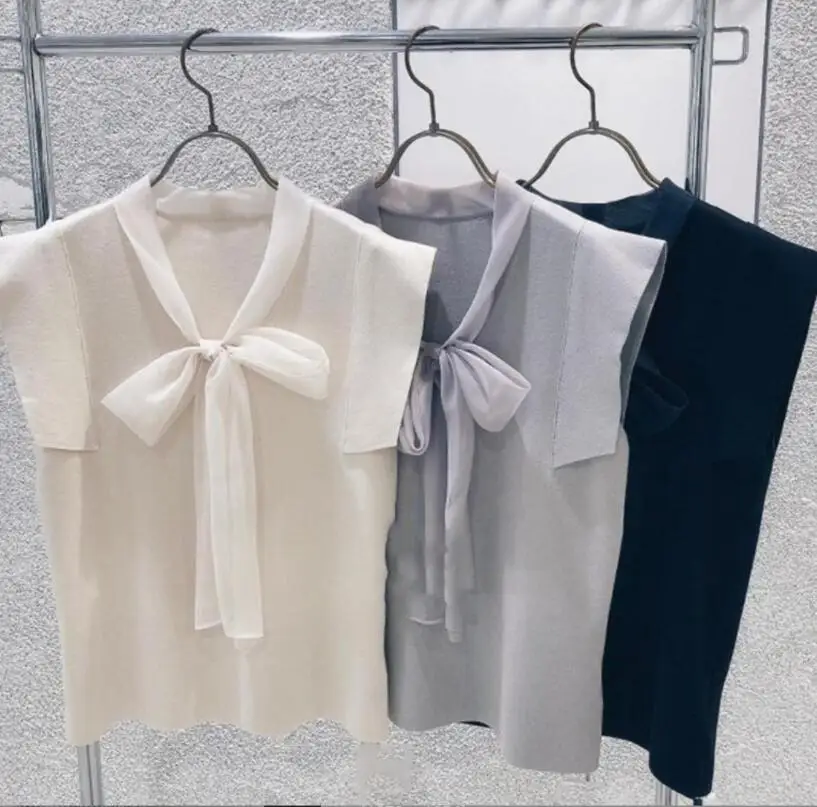 

2022 Autumn Japan Women Sweater Vintage Temperament Commuter Pullover Bow Sleeveless Knitted Bottoming Jumpers w314