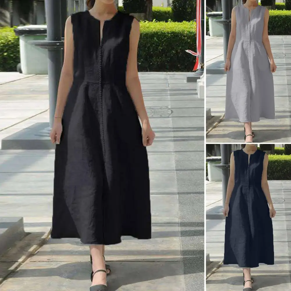 

V-neck Sleeveless Belt Midi Dress Split Hem Women Casual Dress Female Clothing