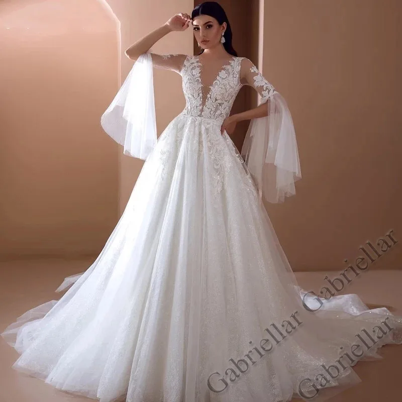 

Gabriellar Luxury Wedding Dress Princess Buttons Exquisite Appliques V-Neck Half-Sleeve Mopping Gown Vestido De Novia 2022 Women