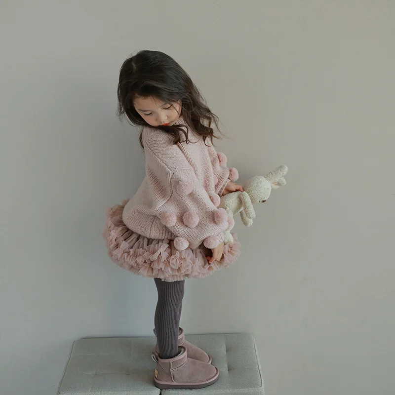 

Winter Solid Cute Hairball Clothes Sweater Warm Pullover Casual Kids And O-neck Skirt Cute Lovely Girls Autumn Top And Sweet